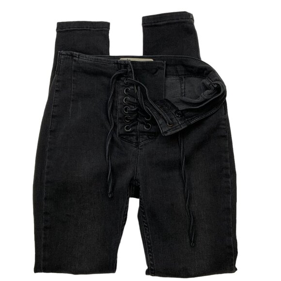 Free People Lace up Skinny Jeans 24 Distressed Black Cropped Retro Bohemian - Picture 3 of 11